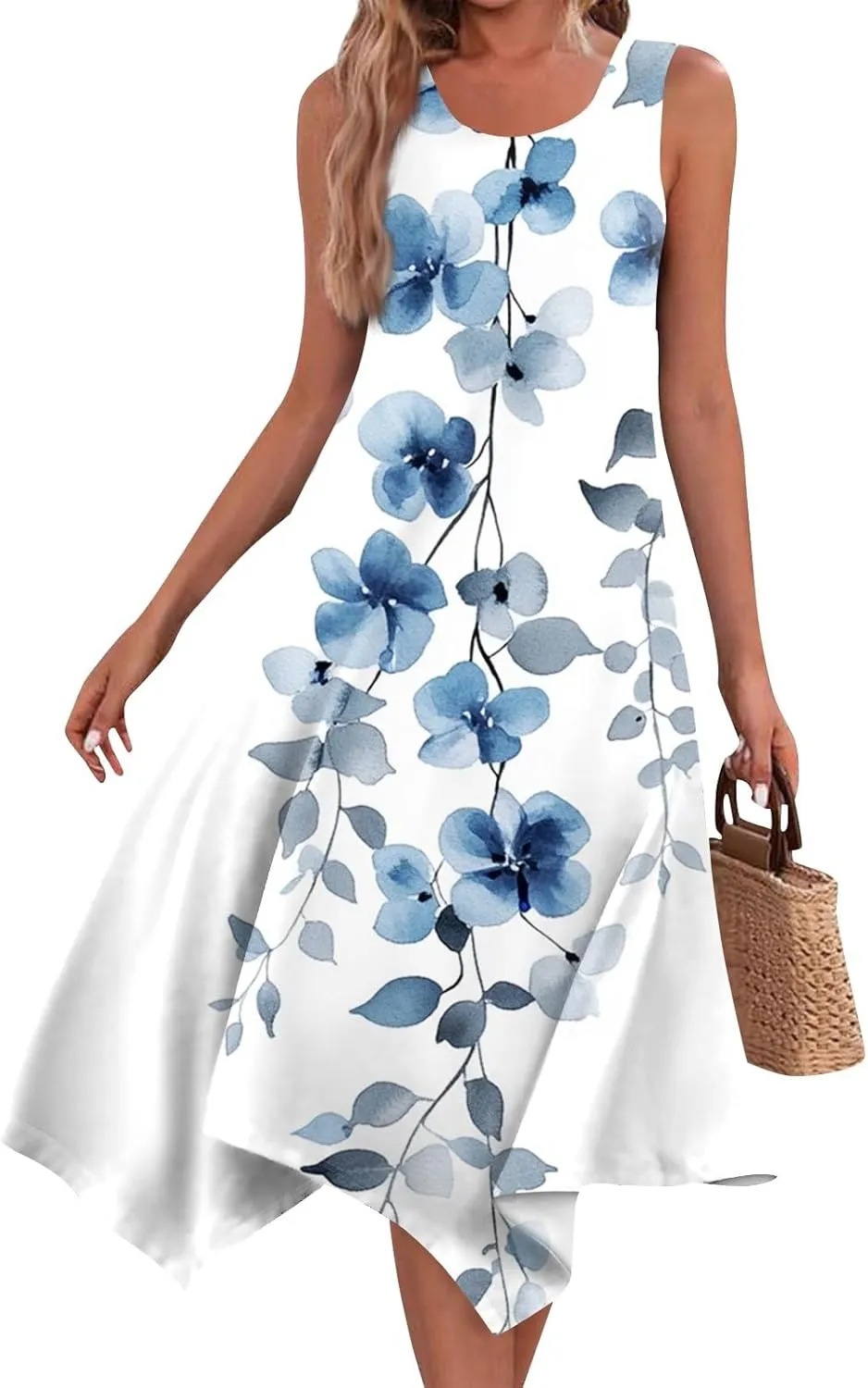 Tank Dress for Women Summer Midi Sleeveless Irregular Hem Plus Size Dress U-Neck Cocktail Dresses A Line with Pockets