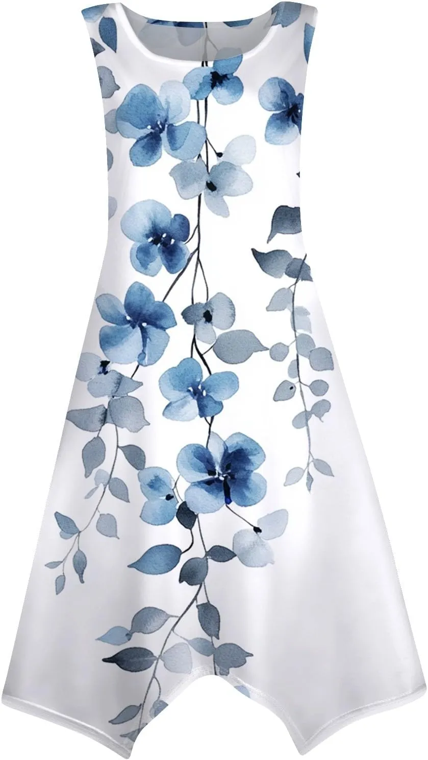 Tank Dress for Women Summer Midi Sleeveless Irregular Hem Plus Size Dress U-Neck Cocktail Dresses A Line with Pockets