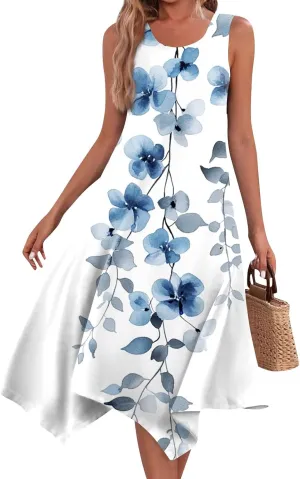 Tank Dress for Women Summer Midi Sleeveless Irregular Hem Plus Size Dress U-Neck Cocktail Dresses A Line with Pockets