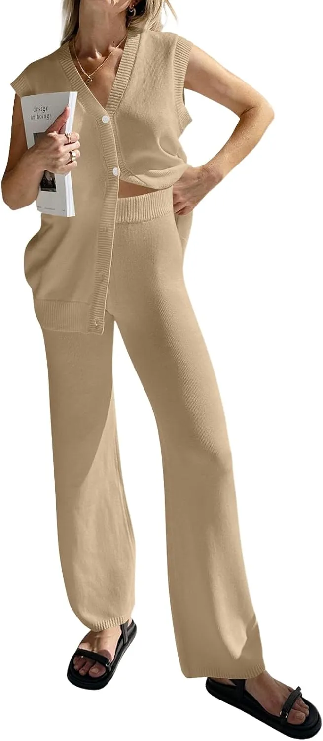 Tankaneo Womens Knit 2 Piece Outfits Sets Sleeveless Button Down Vest Tops Wide Leg Pants Lounge Set