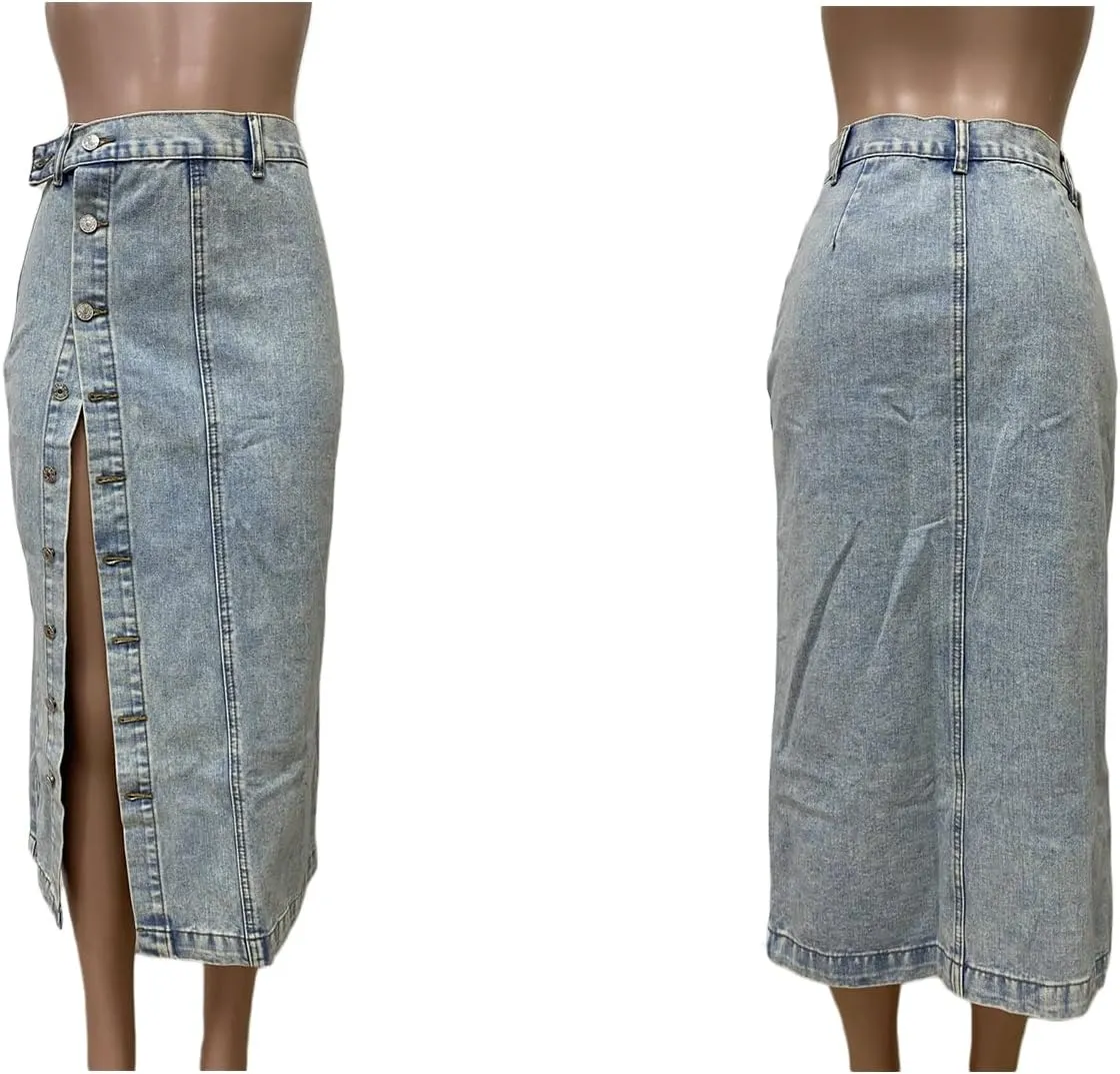 Tbahhir Women's High Slit Denim Skirt Button Down Vintage Jean Skirts Long Washed Clubwear Blue