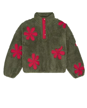 The Patch Pocket Countryside Pullover with Daisy Applique. -- Army with Hot Red