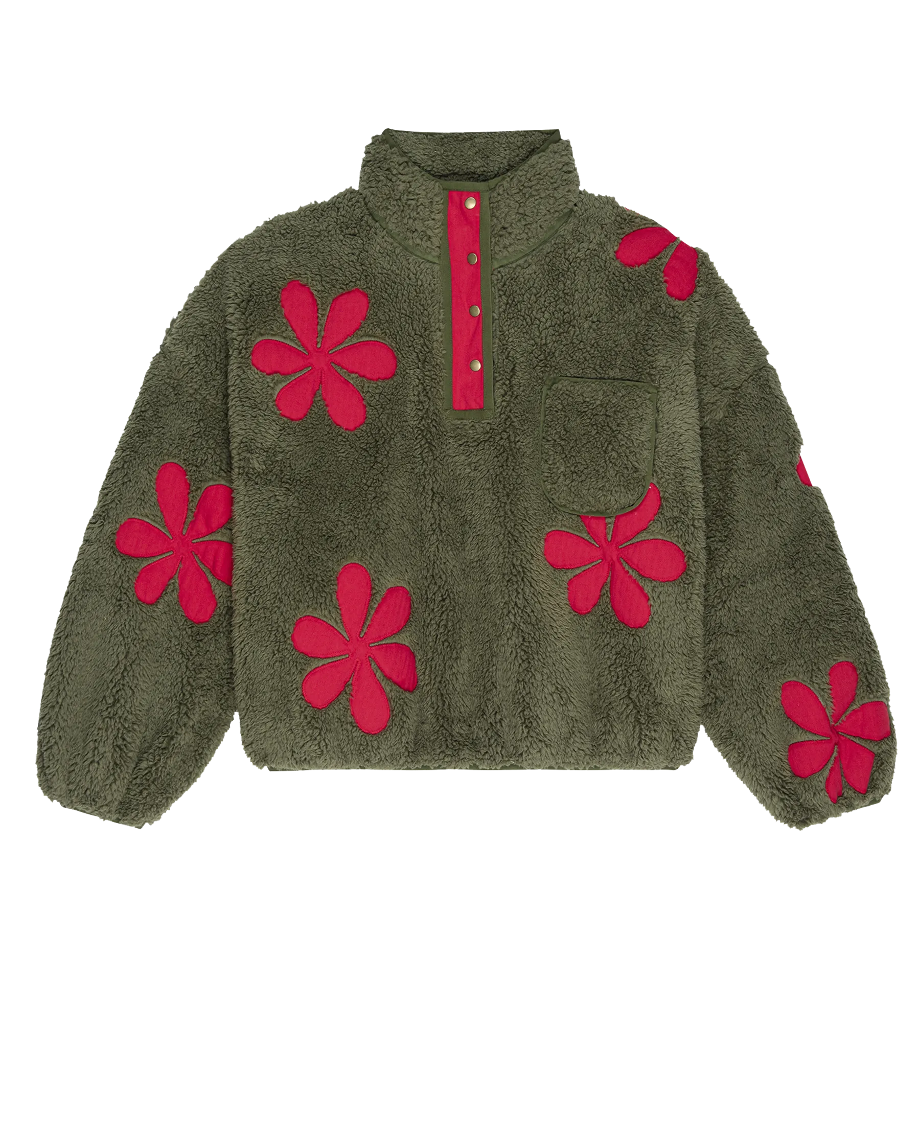 The Patch Pocket Countryside Pullover with Daisy Applique. -- Army with Hot Red