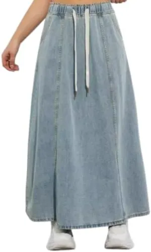 TIAFORD Long Denim Skirts for Women Elastic High Waisted Denim Maxi Skirt Casual Flowy Drawstring Jean Skirt with Pocket