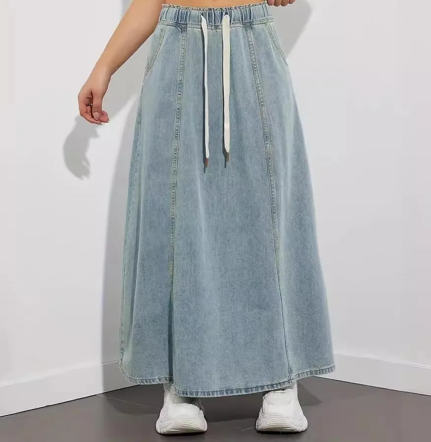 TIAFORD Long Denim Skirts for Women Elastic High Waisted Denim Maxi Skirt Casual Flowy Drawstring Jean Skirt with Pocket
