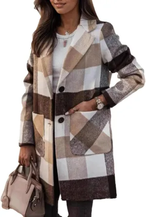 TIAFORD Womens Long Plaid Shacket Jacket Casual Button Woolen Blend Winter Trench Coat With Pockets Fall Winter Outwear