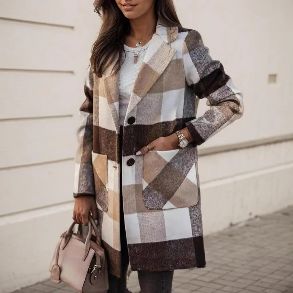 TIAFORD Womens Long Plaid Shacket Jacket Casual Button Woolen Blend Winter Trench Coat With Pockets Fall Winter Outwear