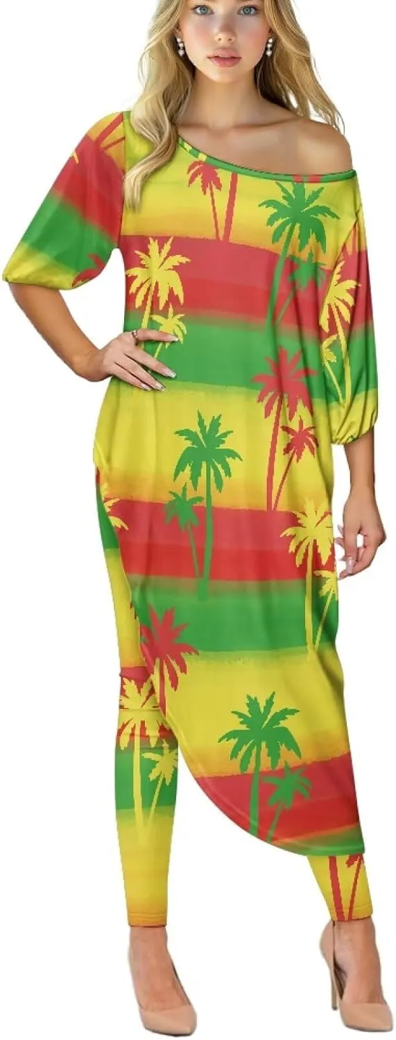 Traditional Polynesia Samoa Women's Off The Shoulder Maxi Top Casual Irregular Hem T Shirt Stretchy Pant Sets