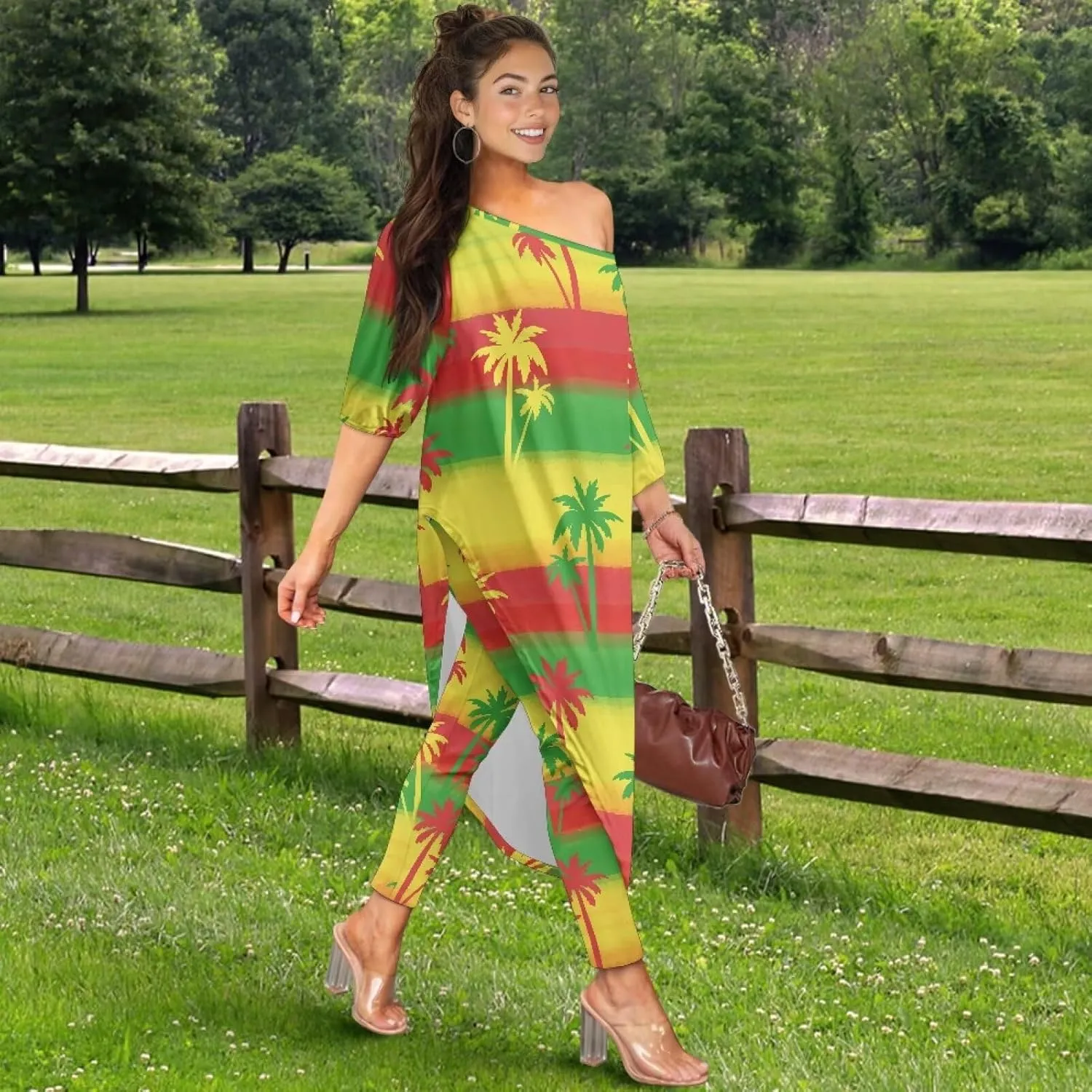 Traditional Polynesia Samoa Women's Off The Shoulder Maxi Top Casual Irregular Hem T Shirt Stretchy Pant Sets