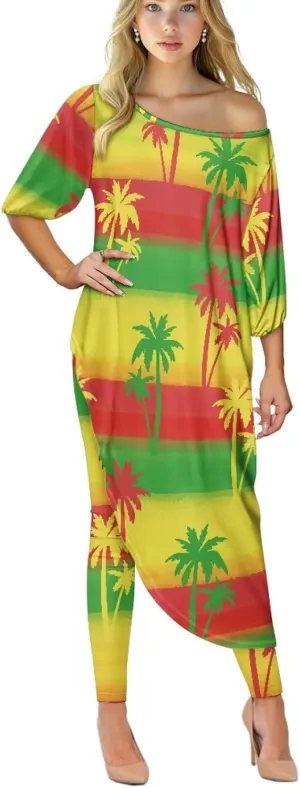 Traditional Polynesia Samoa Women's Off The Shoulder Maxi Top Casual Irregular Hem T Shirt Stretchy Pant Sets