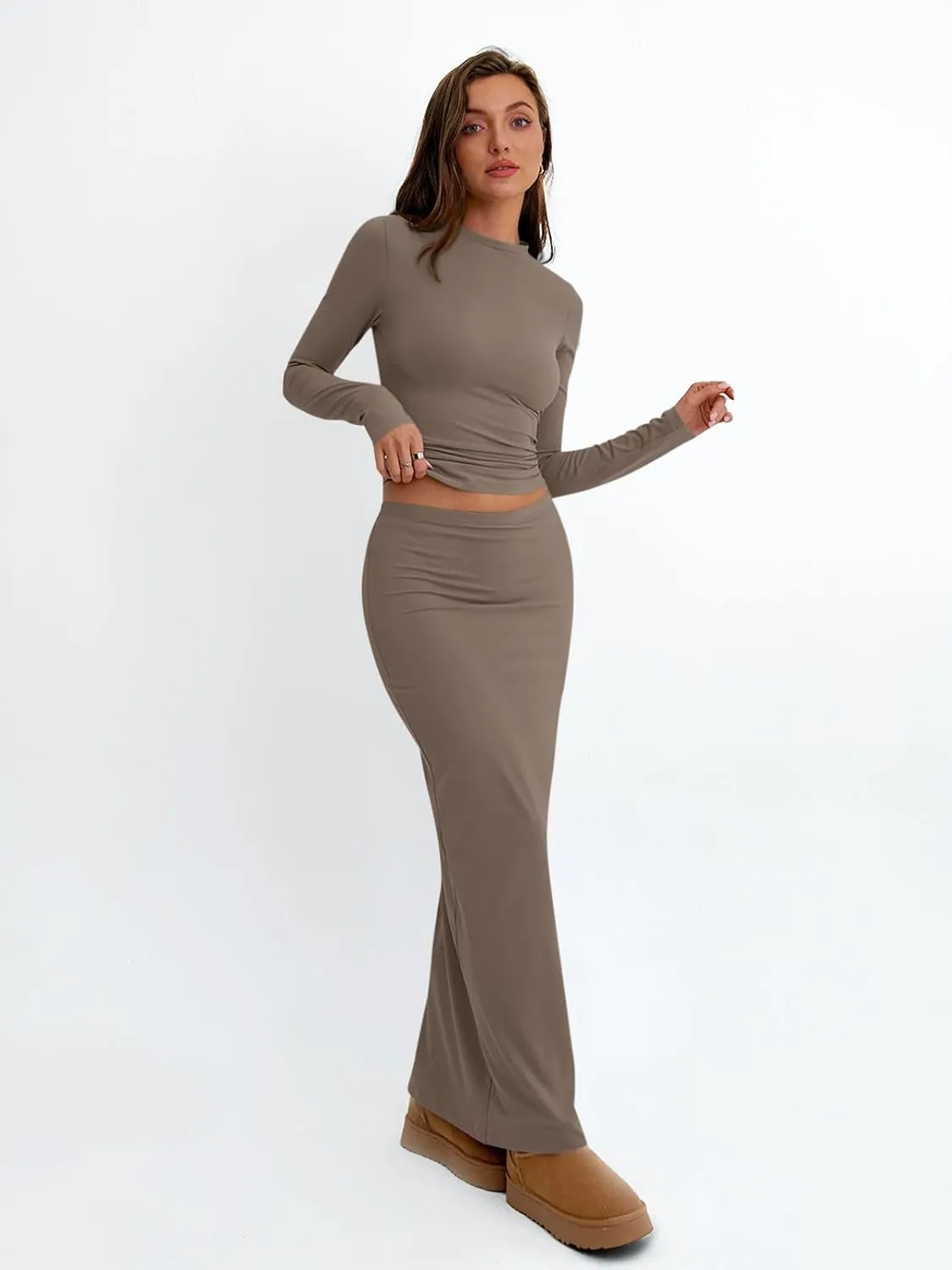 Trendy Queen 2 Piece Skirts Sets for Women Long Sleeve Crew Neck Crop Tops Bodycon Maxi Matching Clothes