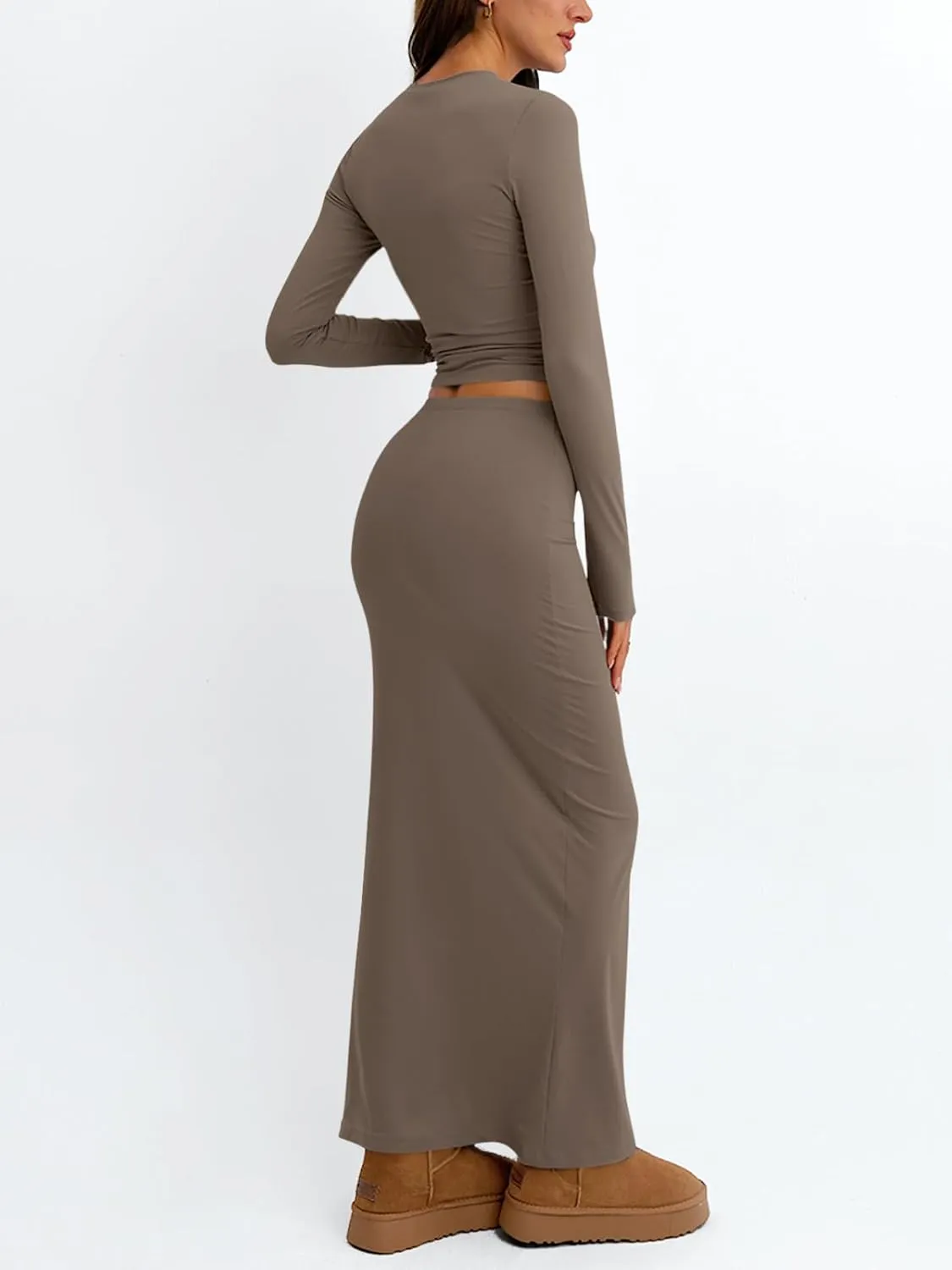 Trendy Queen 2 Piece Skirts Sets for Women Long Sleeve Crew Neck Crop Tops Bodycon Maxi Matching Clothes