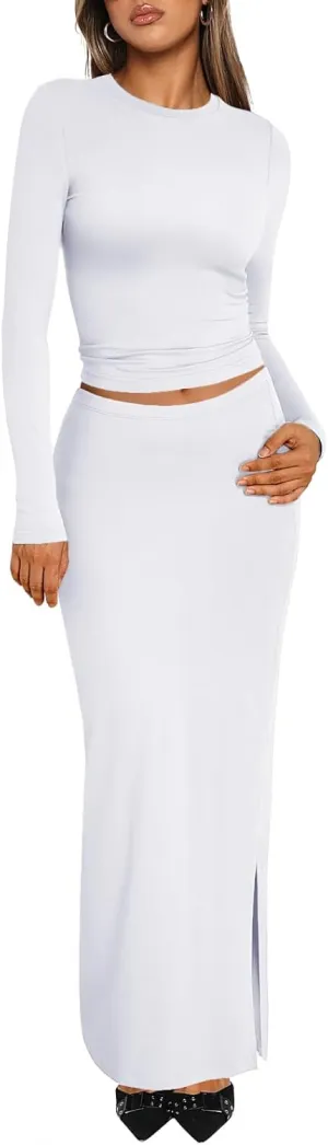 Trendy Queen 2 Piece Skirts Sets for Women Long Sleeve Crew Neck Crop Tops Bodycon Maxi Matching Clothes