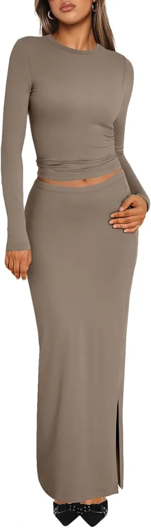 Trendy Queen 2 Piece Skirts Sets for Women Long Sleeve Crew Neck Crop Tops Bodycon Maxi Matching Clothes