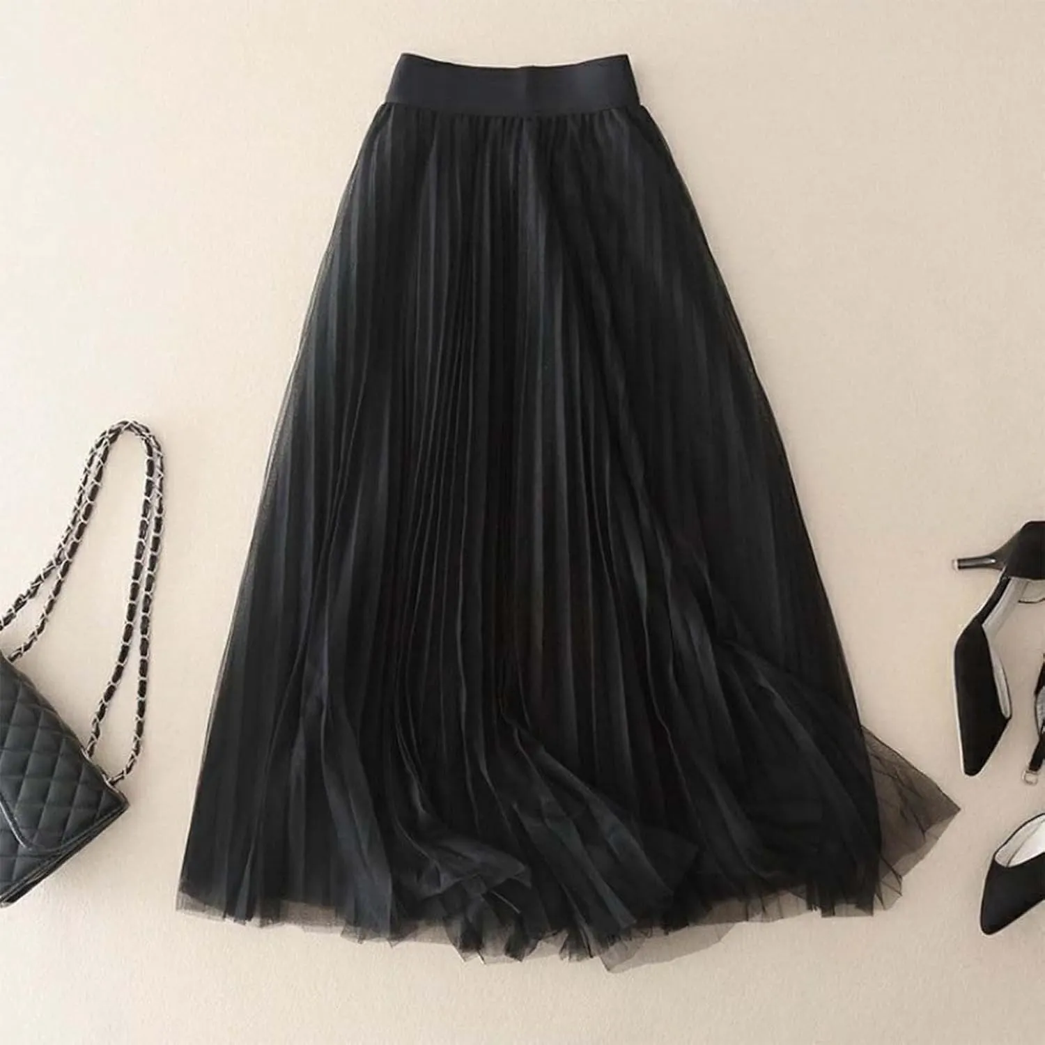 Tulle Skirts for Women High Waist Pleated Chiffon Skirt Casual Boho Midi Swing A-Line Solid Double Layer Summer