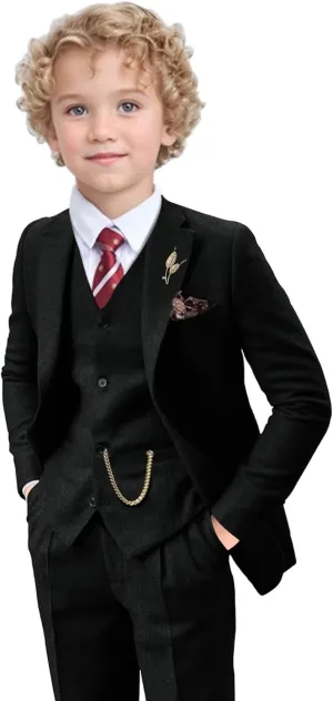 Tweed Boys Suit Formal Black Suit for Boys Wedding Ring Bearer Outfit 3 Piece Wool Blend Suit Jackets Pants Vest Tuxedo Set for Boy Size 5