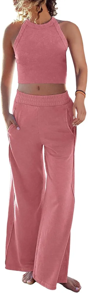 Ugerlov Women's Two Piece Summer Sets Ribbed Tank Crop Top Wide Leg Pants 2 Piece Outfits Matching Lounge Sets Tracksuit
