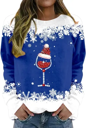 Ugly Christmas Sweater Women Fall Winter Fashion Red Wine Glass Print Sweatshirts Long Sleeve Crewneck Pullover Tops