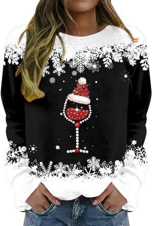 Ugly Christmas Sweater Women Fall Winter Fashion Red Wine Glass Print Sweatshirts Long Sleeve Crewneck Pullover Tops