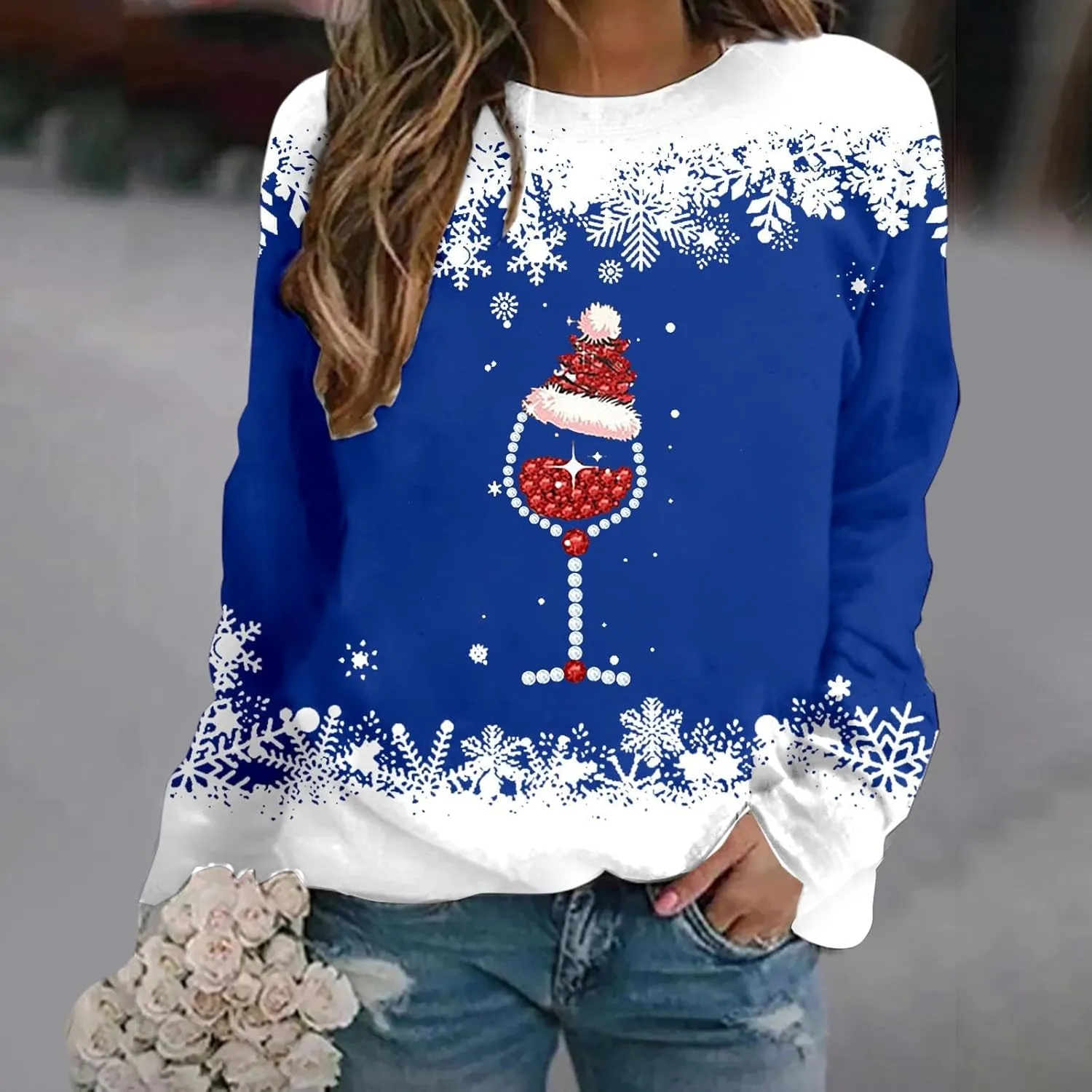 Ugly Christmas Sweater Women Fall Winter Fashion Red Wine Glass Print Sweatshirts Long Sleeve Crewneck Pullover Tops