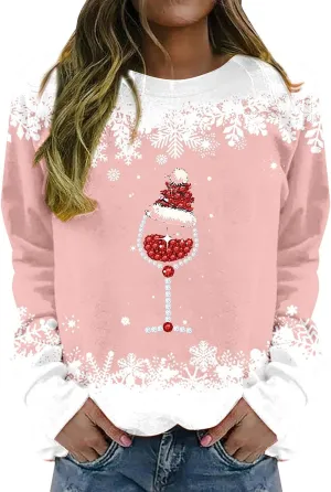 Ugly Christmas Sweater Women Fall Winter Fashion Red Wine Glass Print Sweatshirts Long Sleeve Crewneck Pullover Tops