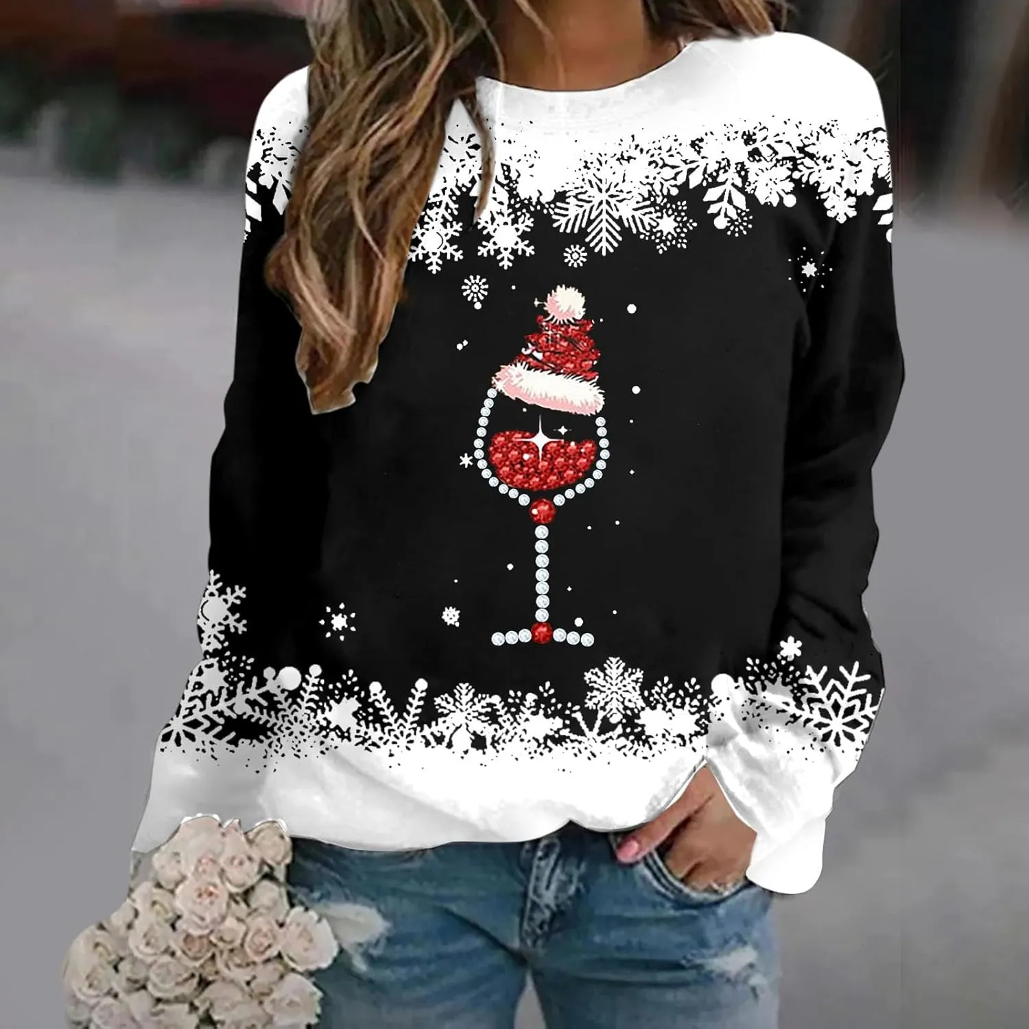 Ugly Christmas Sweater Women Fall Winter Fashion Red Wine Glass Print Sweatshirts Long Sleeve Crewneck Pullover Tops