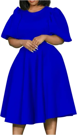 Uillui Plus Size Dress for Women Bubble Sleeve Tapered Waist a Line Dress Flowy Swing Dress Formal Cocktail Prom Party Dress