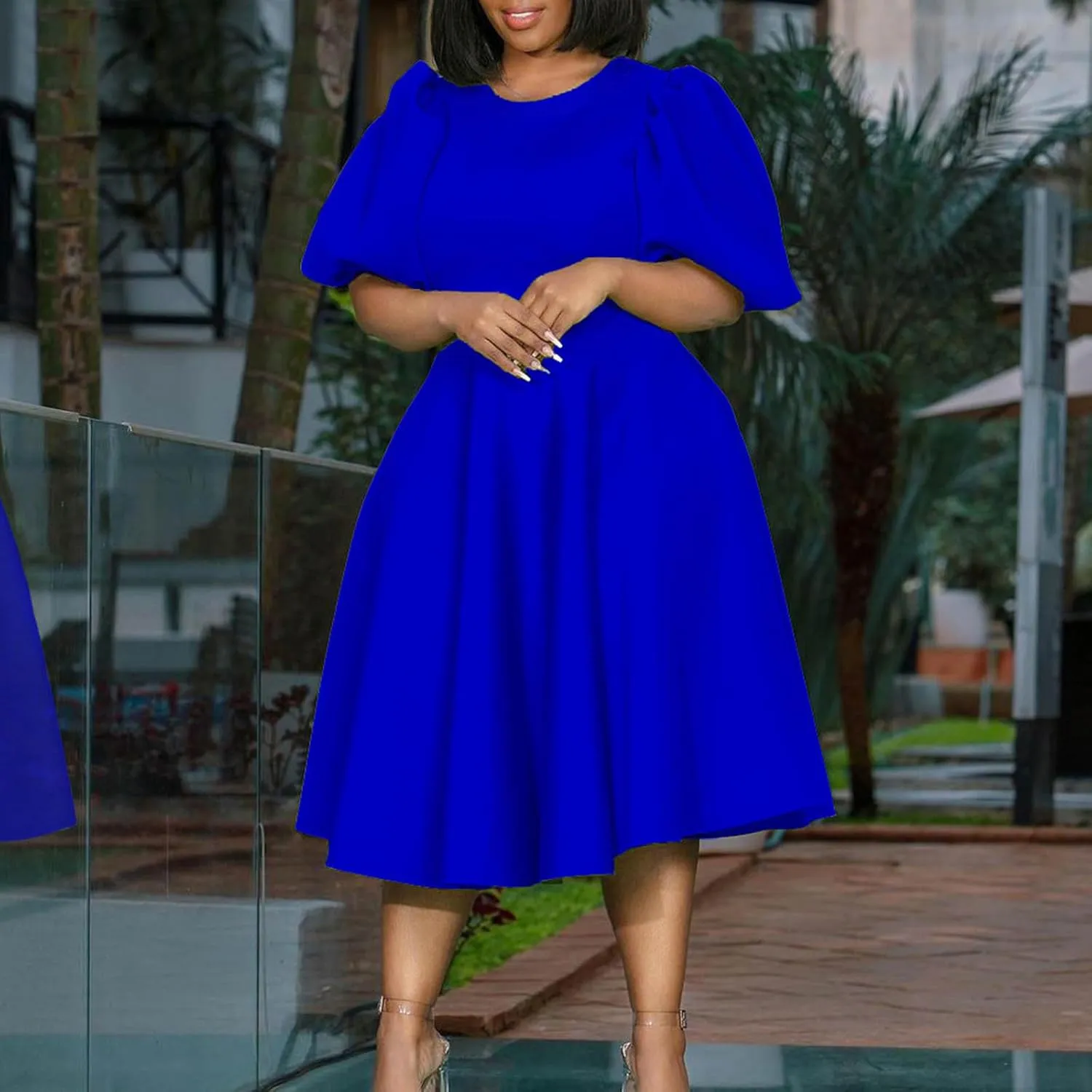 Uillui Plus Size Dress for Women Bubble Sleeve Tapered Waist a Line Dress Flowy Swing Dress Formal Cocktail Prom Party Dress