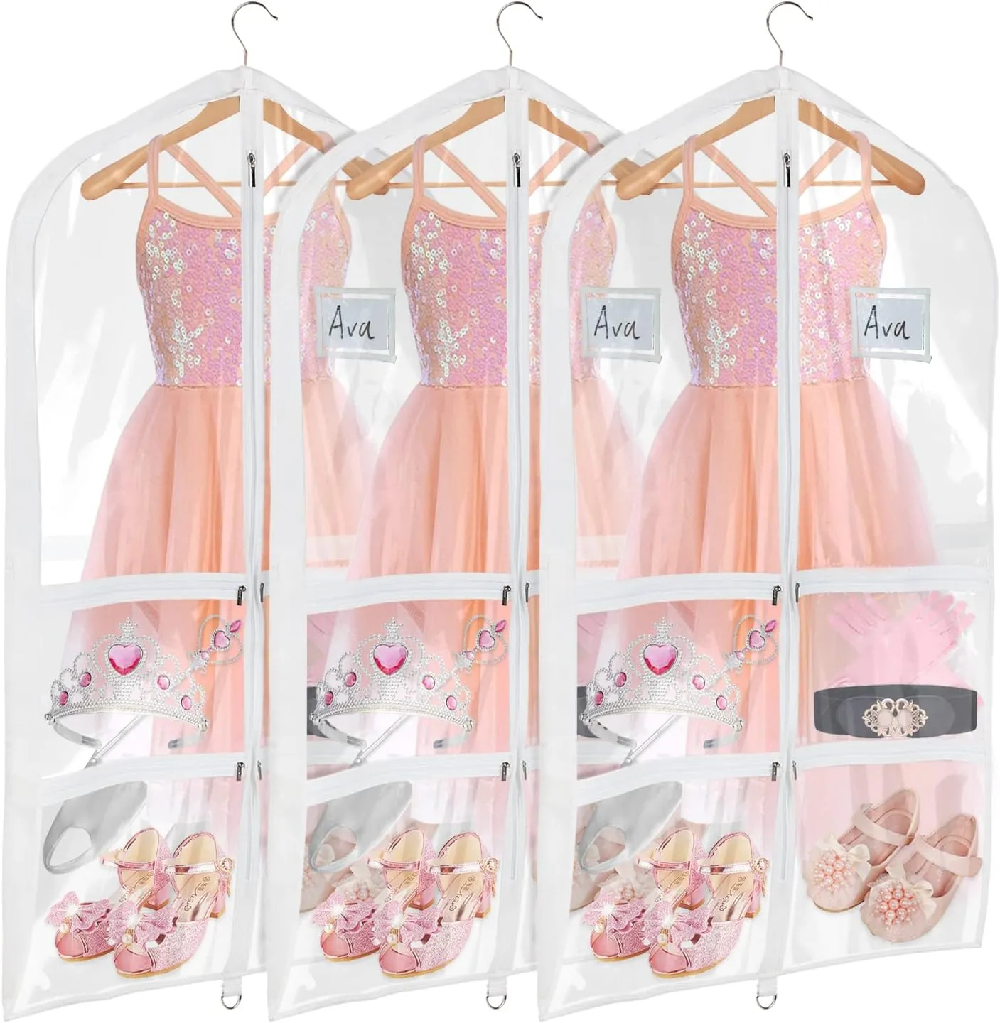 Univivi Clear PVC Dance Costume Bags (3 Pack) Garment Bag 40 Inch for Dance Competitions, with 4 Medium Clear Zipper Pockets and 1 Large Back Zippered Pocket [Upgraded Version]