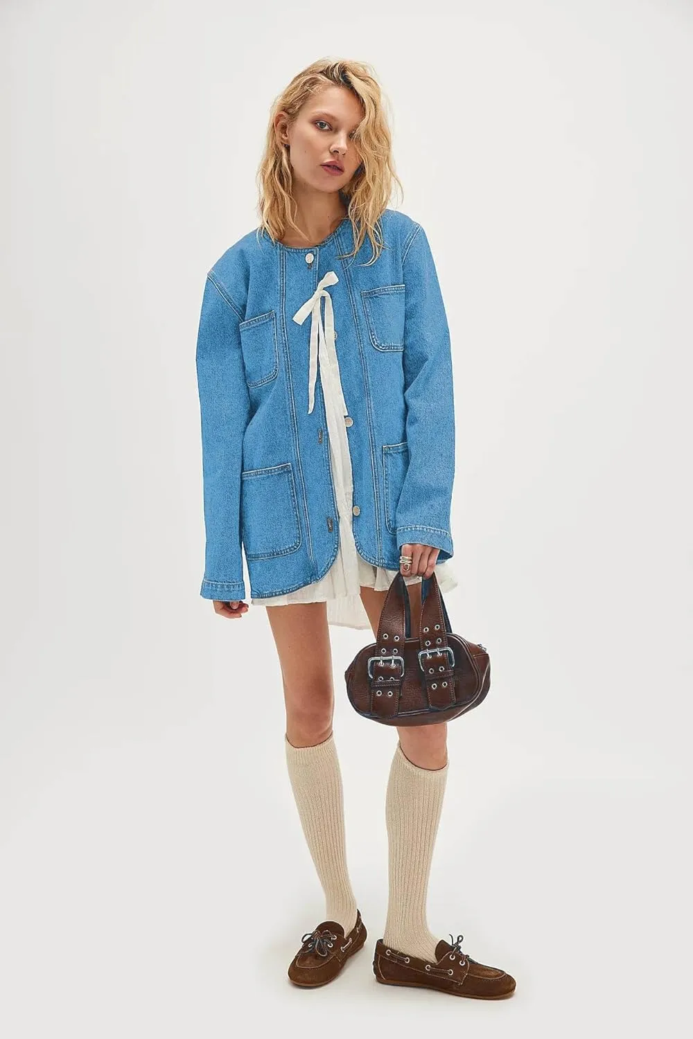 utcoco Womens Oversized Denim Jacket Casual Loose Long Sleeve Button Down Front Tie Jean Jacket