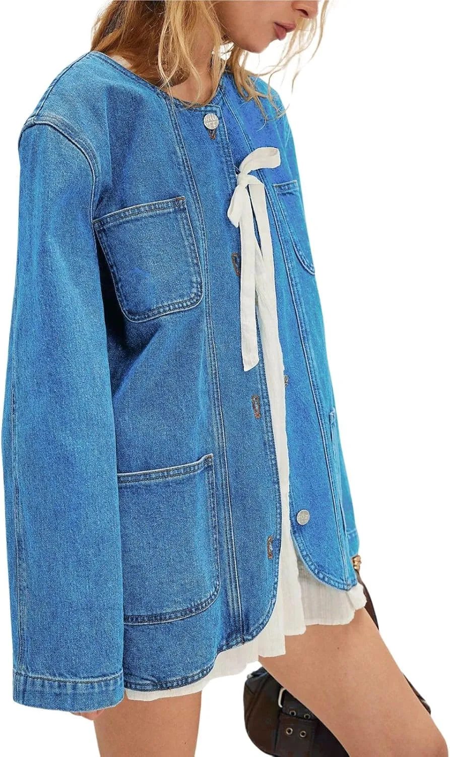 utcoco Womens Oversized Denim Jacket Casual Loose Long Sleeve Button Down Front Tie Jean Jacket