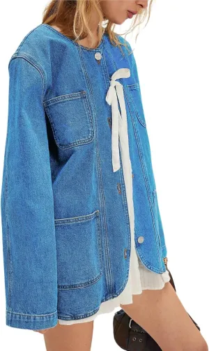 utcoco Womens Oversized Denim Jacket Casual Loose Long Sleeve Button Down Front Tie Jean Jacket