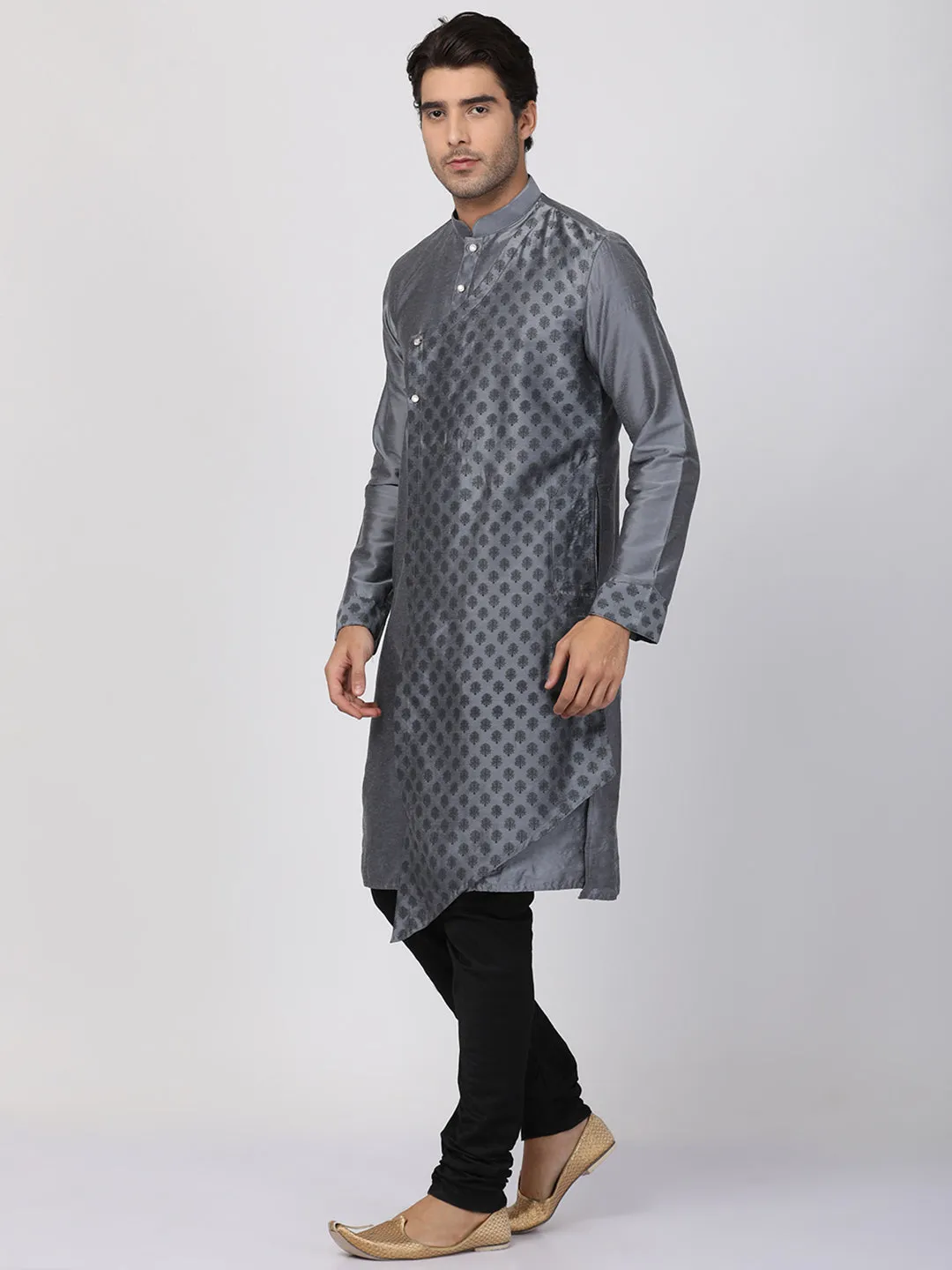 VASTRAMAY Grey Cotton Silk Kurta Churidar Set