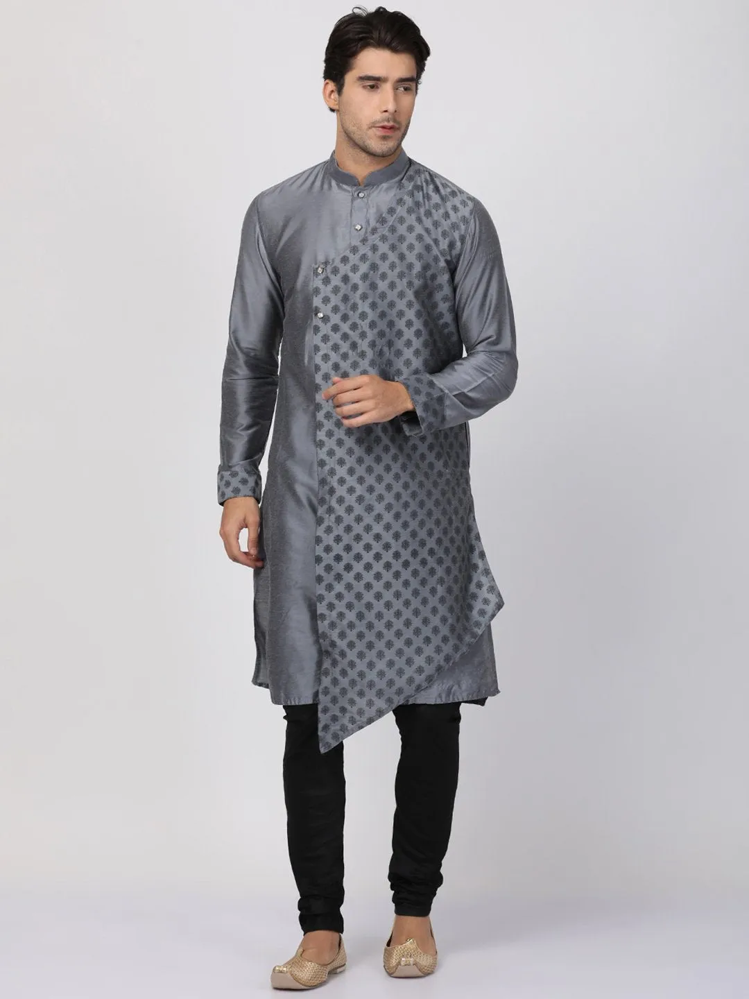 VASTRAMAY Grey Cotton Silk Kurta Churidar Set