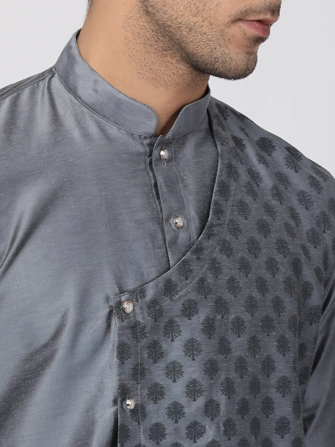 VASTRAMAY Grey Cotton Silk Kurta Churidar Set