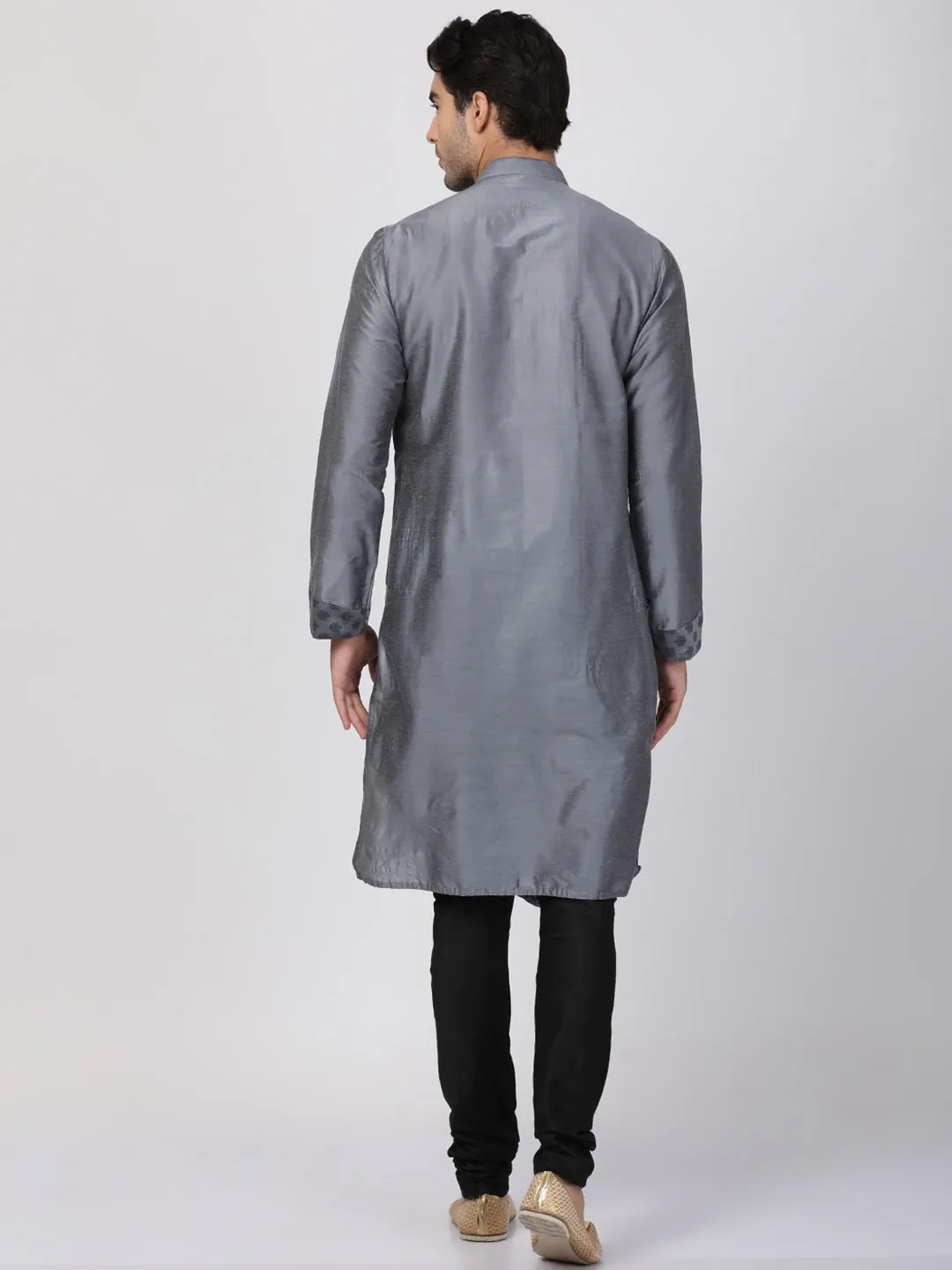 VASTRAMAY Grey Cotton Silk Kurta Churidar Set