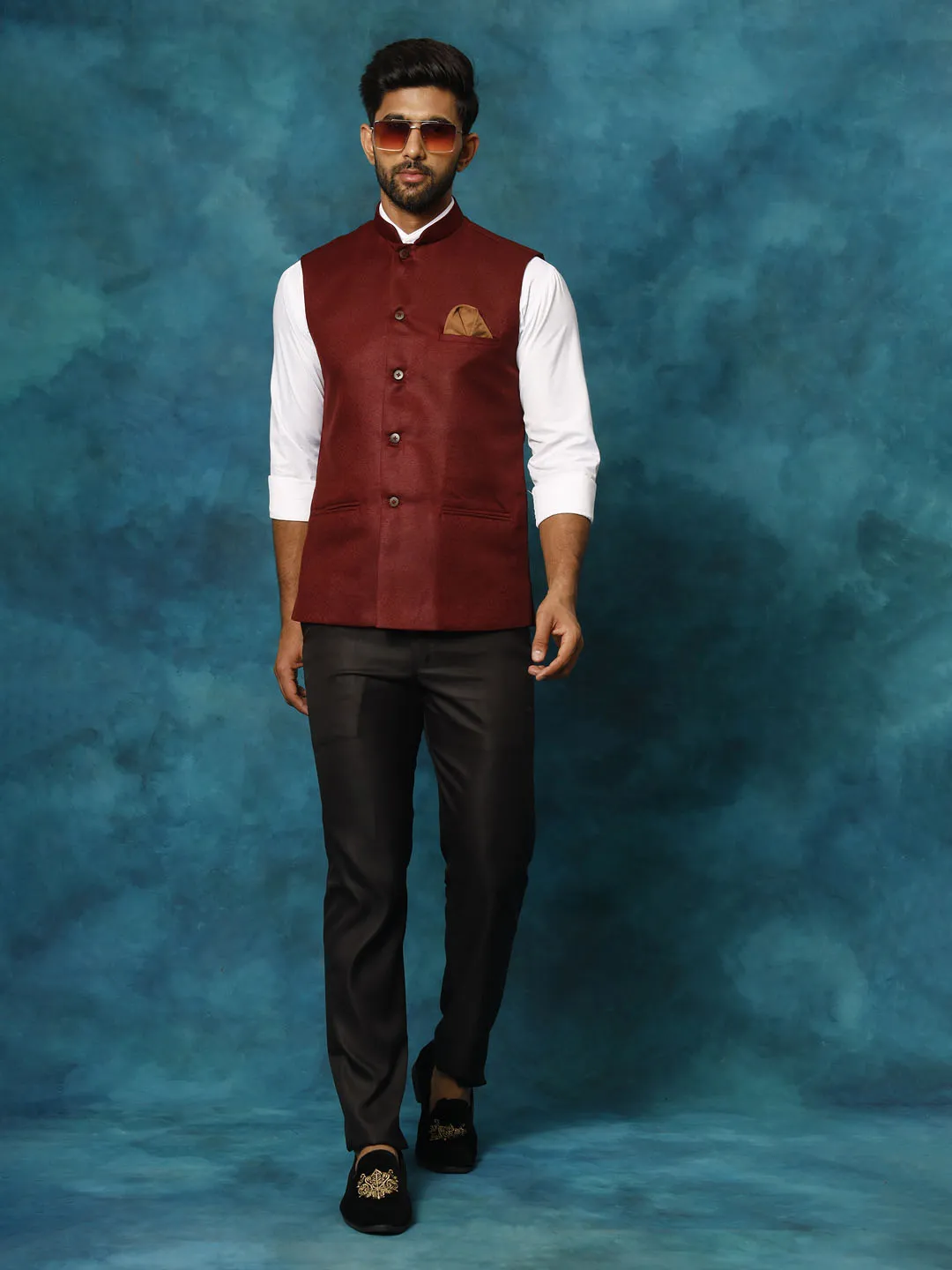 VASTRAMAY Maroon Woven Nehru Jacket
