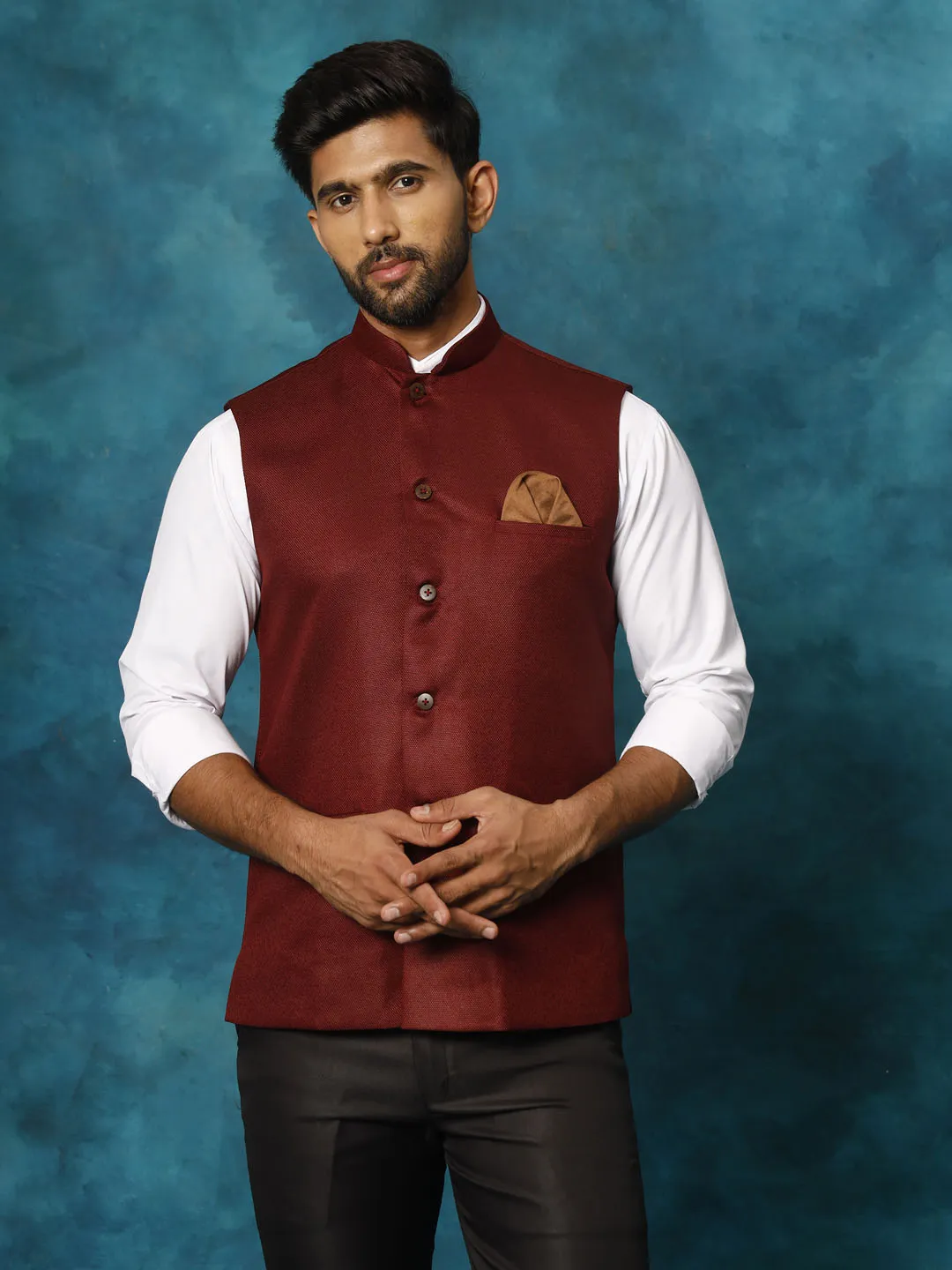 VASTRAMAY Maroon Woven Nehru Jacket