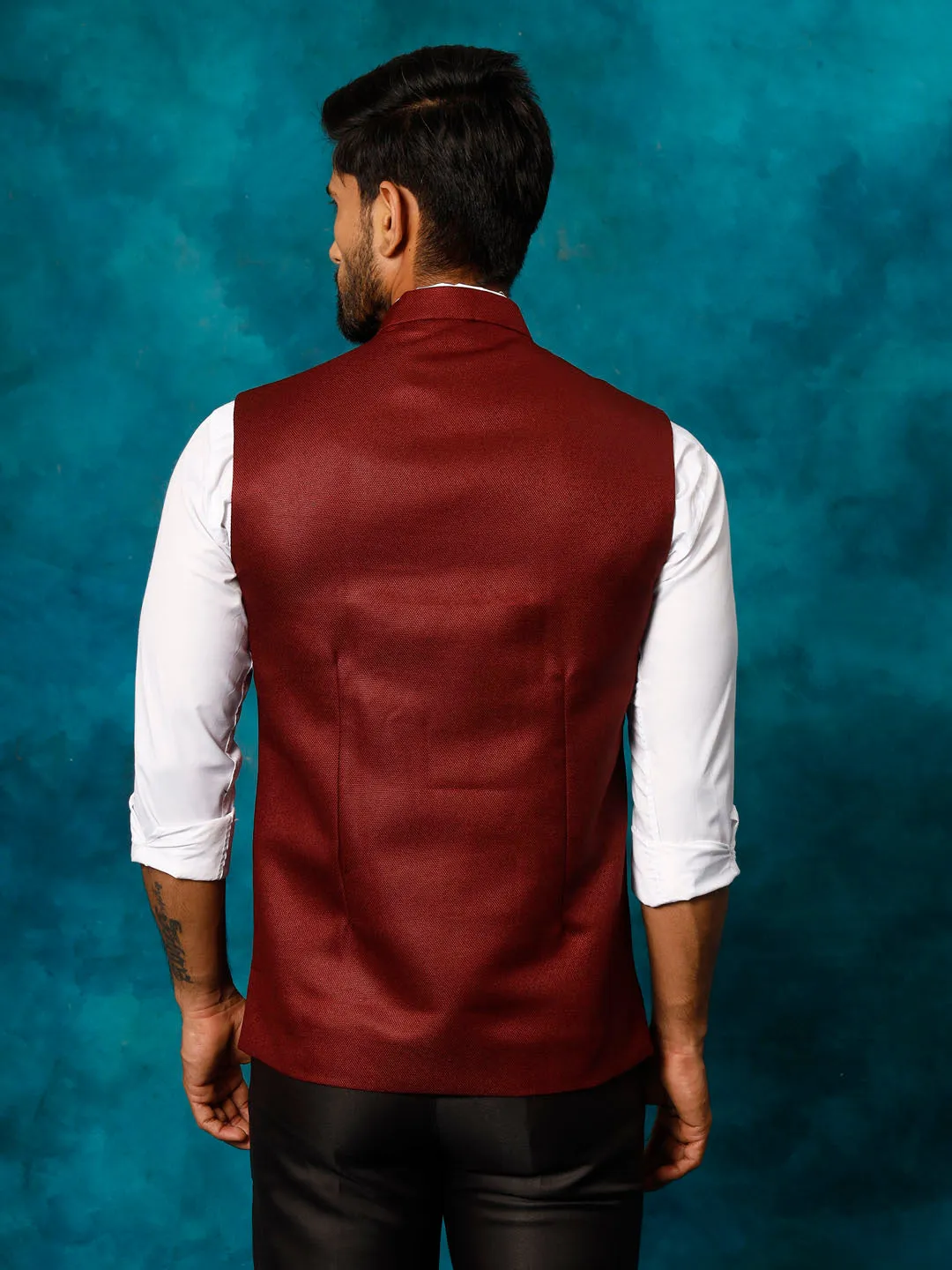 VASTRAMAY Maroon Woven Nehru Jacket