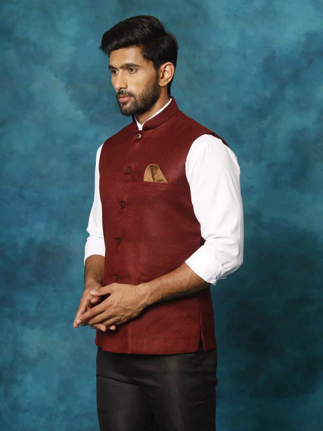 VASTRAMAY Maroon Woven Nehru Jacket