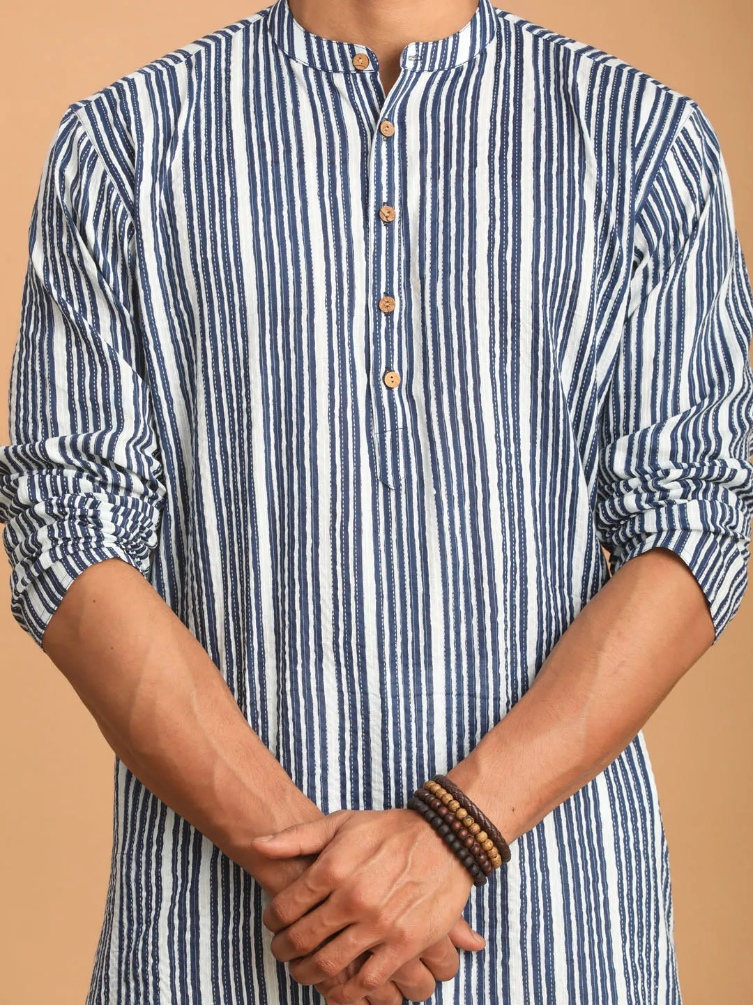 VASTRAMAY White & Blue Striped Kurta Set