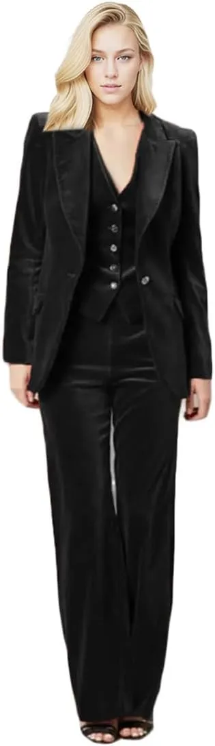 Velvet Pant Suit for Women 3 PC Peak Lapel Office Work Suit Business Suit Blazer Vest Pants Prom Suit