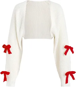 Verdusa Women's Bow Knot Open Front Long Sleeve Knitted Crop Cute Cardigan Sweater