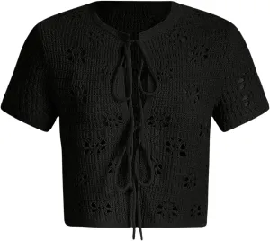 Verdusa Women's Hollow Out Tie Front Cardigan Round Neck Short Sleeve Sweater Knit Top
