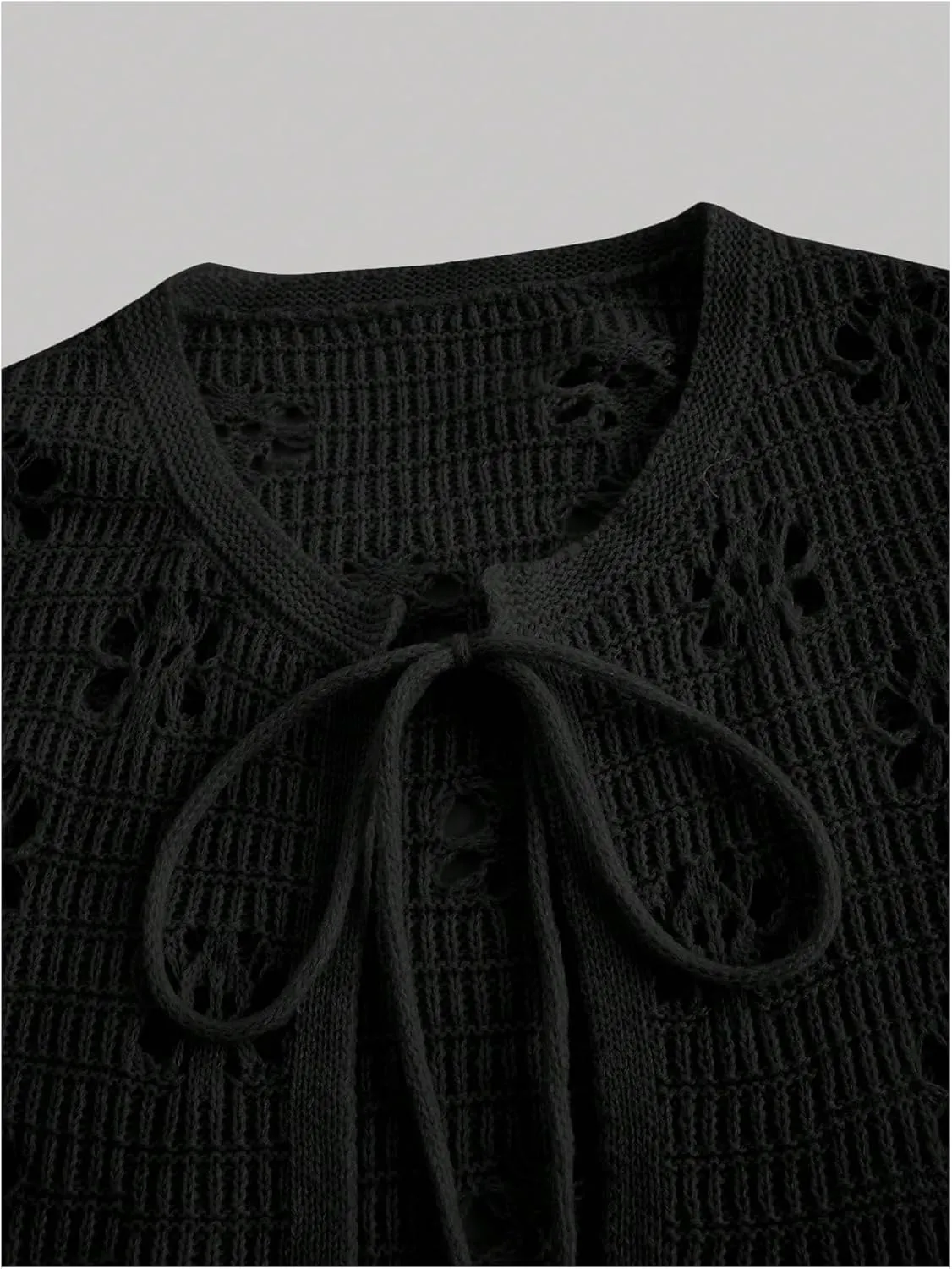 Verdusa Women's Hollow Out Tie Front Cardigan Round Neck Short Sleeve Sweater Knit Top