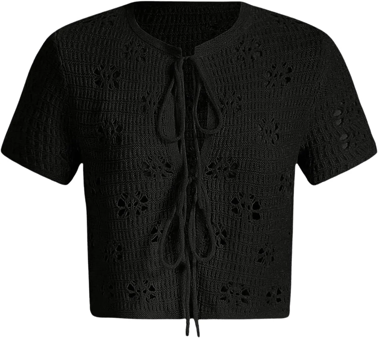 Verdusa Women's Hollow Out Tie Front Cardigan Round Neck Short Sleeve Sweater Knit Top