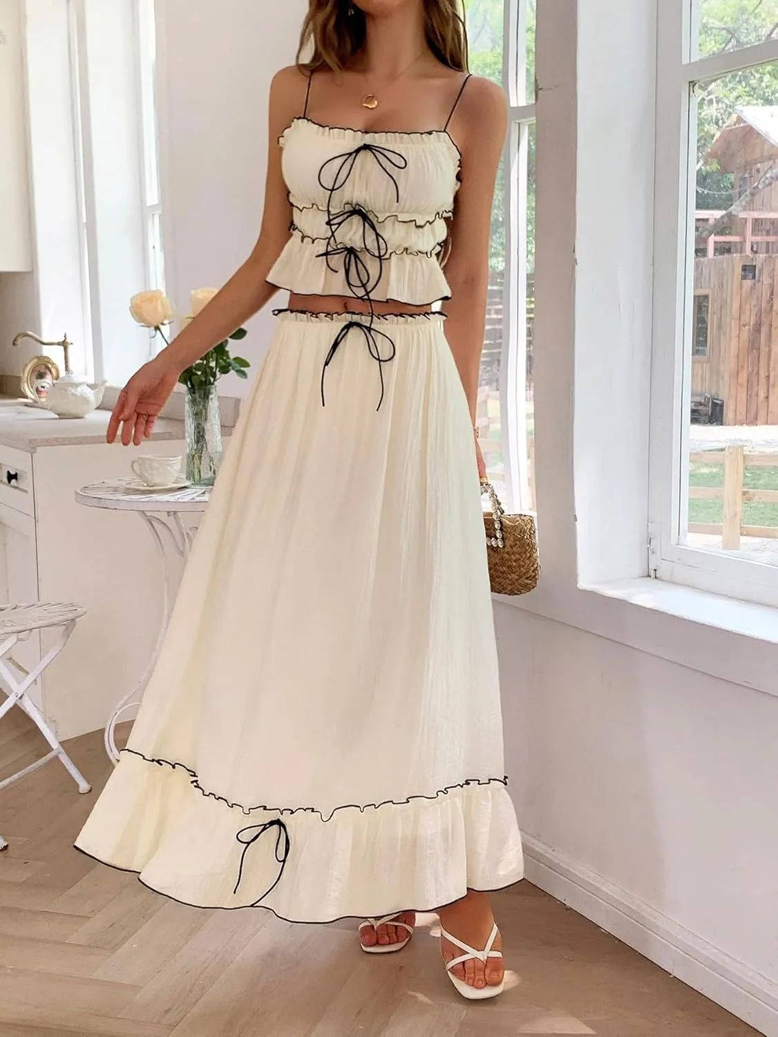 VOIKERDR 2 Piece Skirt Sets for Women Summer Sexy Cropped Tops and Maxi Skirt Travel Outfits for Women