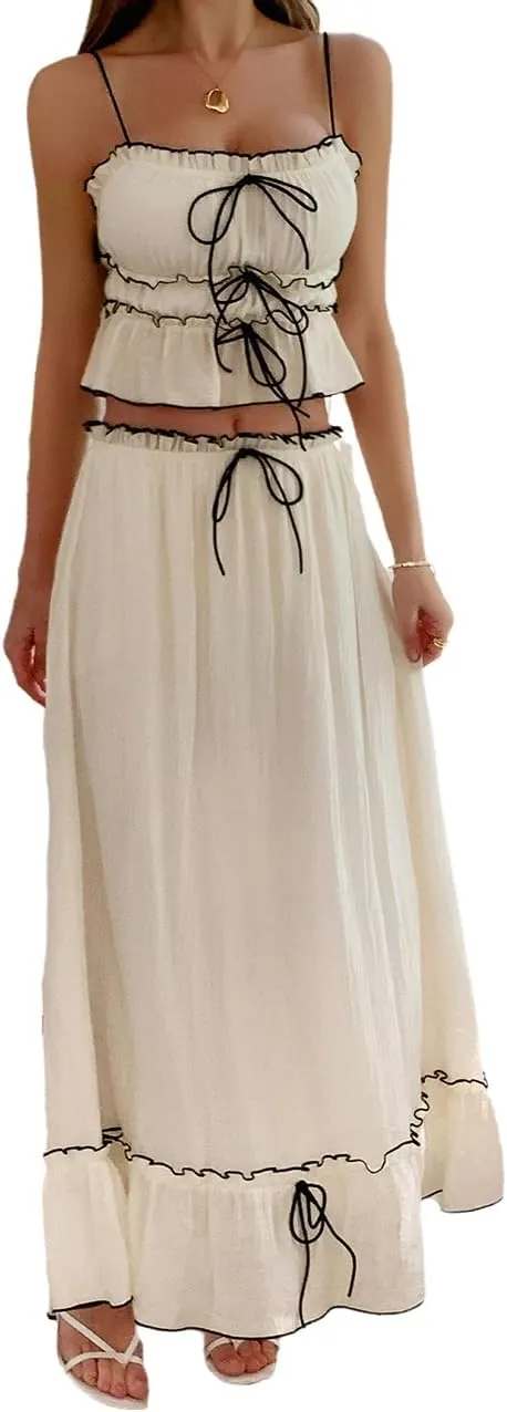 VOIKERDR 2 Piece Skirt Sets for Women Summer Sexy Cropped Tops and Maxi Skirt Travel Outfits for Women