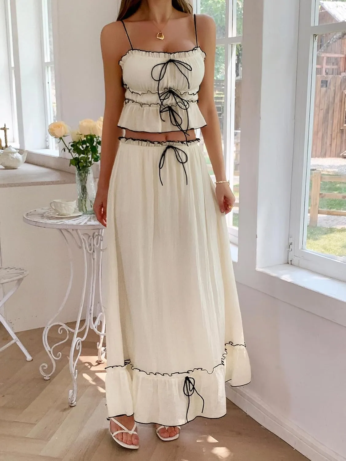 VOIKERDR 2 Piece Skirt Sets for Women Summer Sexy Cropped Tops and Maxi Skirt Travel Outfits for Women