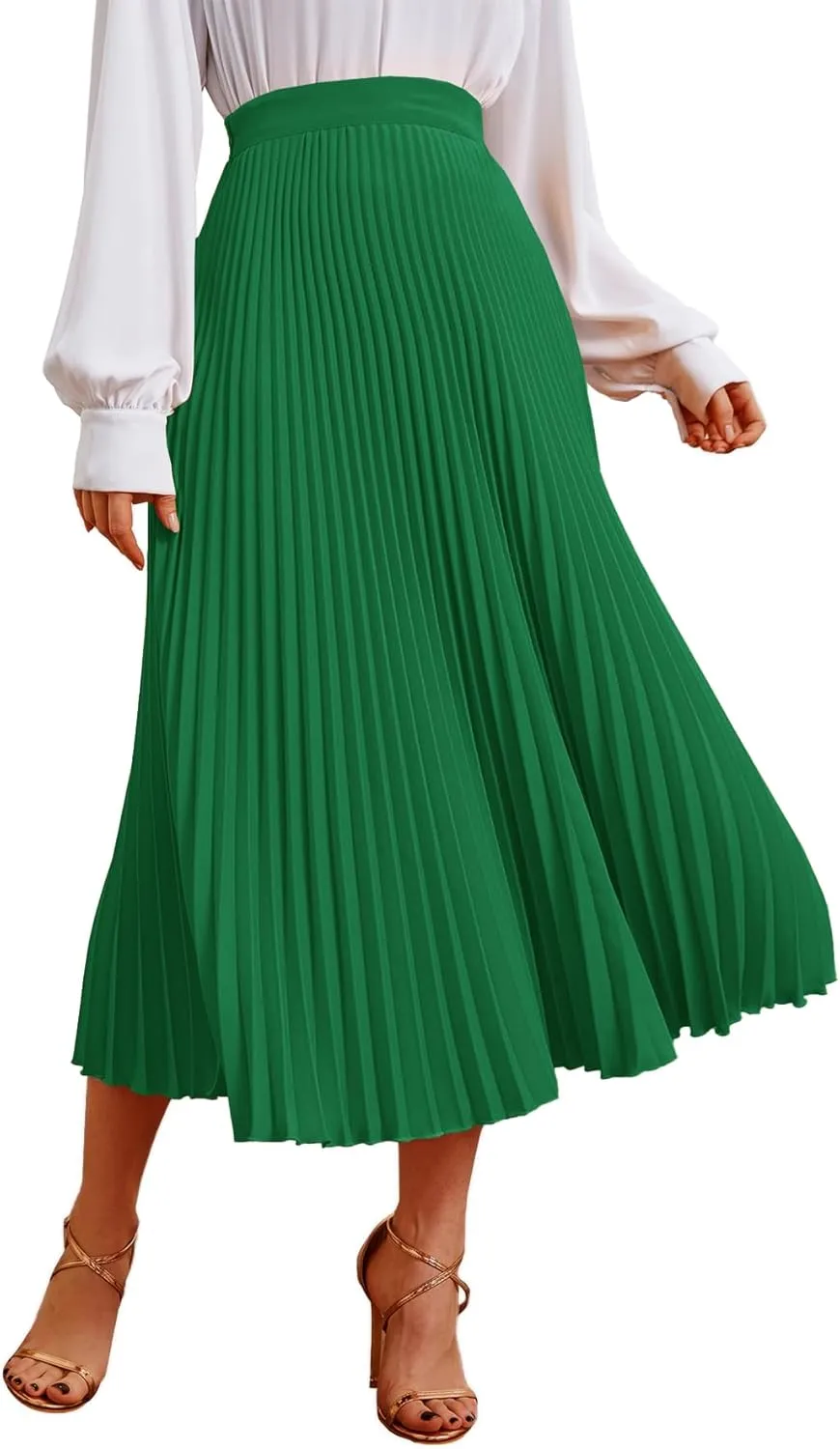 Vrtige Women's Elegant Elastic High Waist Pleated Ruffle Hem A-Line Midi Skirt